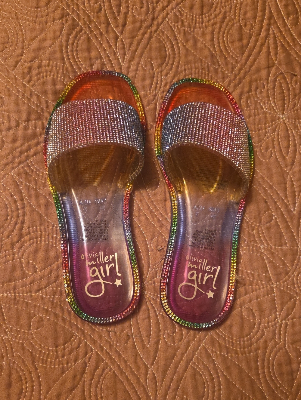 Olivia Miller Girls Rainbow Rhinestone Slide Sandals - Multicolor Sparkle